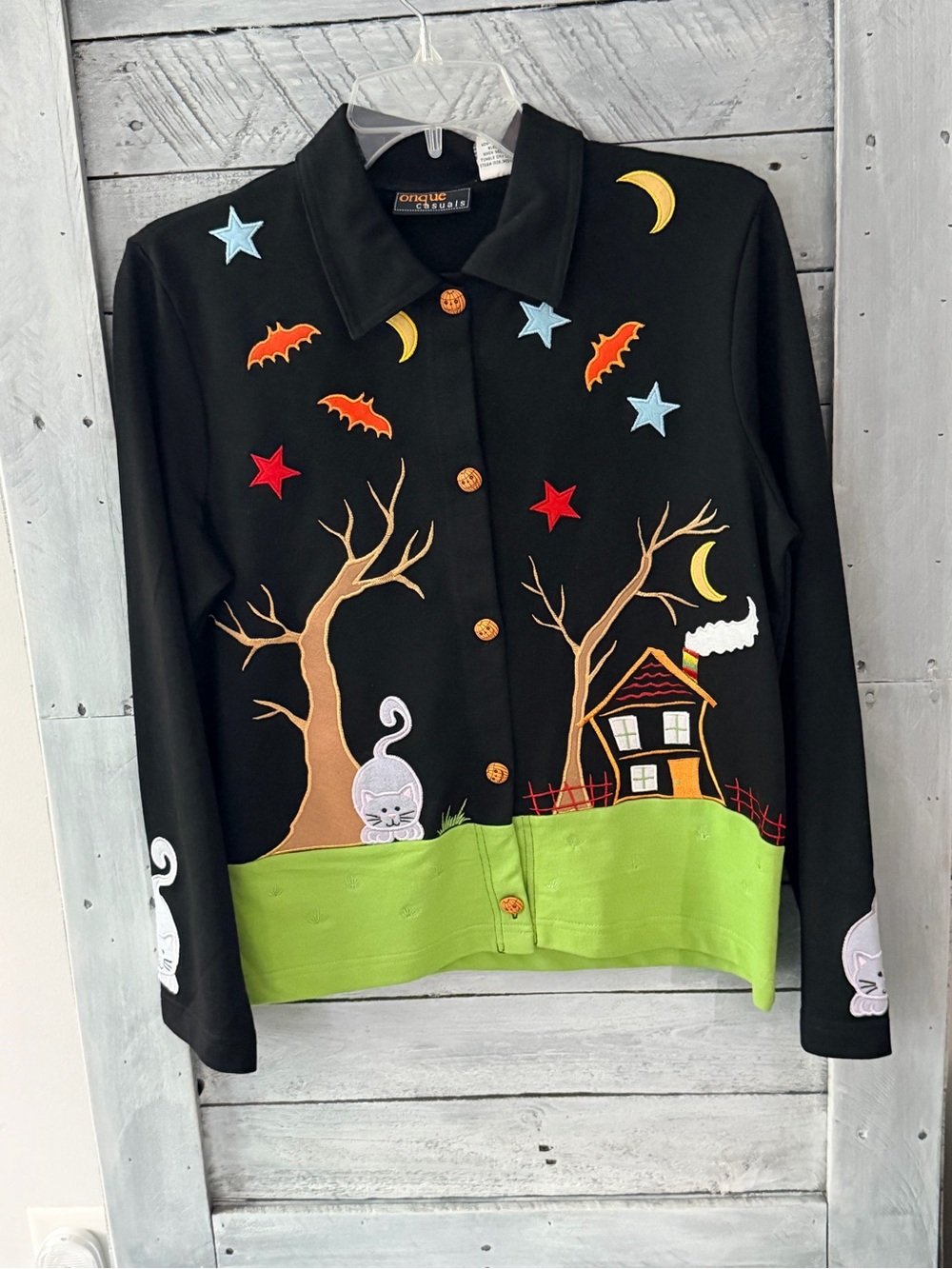 Vintage 90s Onque Casuals Halloween Cardigan Jacket NWT Cat Haunted House